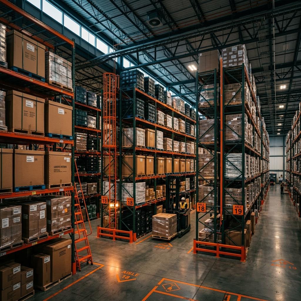 Warehouse shelving and packaged supplies